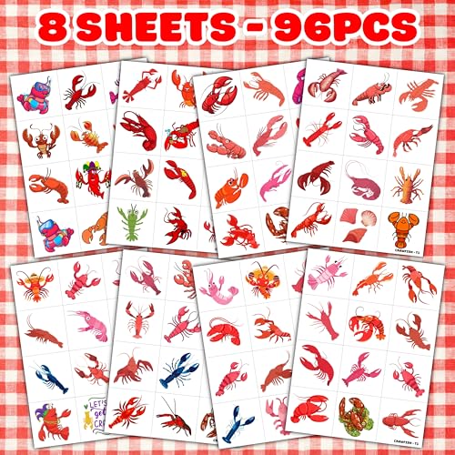 Crawfish Temporary Tattoos for Kids, 96 Pcs Party Favors
