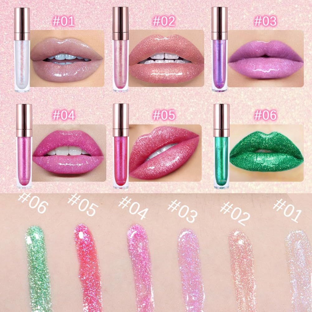 GECOMO Colorful Explosive Pearlescent Lip Gloss 3D Multifunctional Fine Glitter Chameleon Lip Gloss Polarized Diamond Makeup, Magic Big Brush Color Changing Lip Oil(101# COLORFUL FLASH)