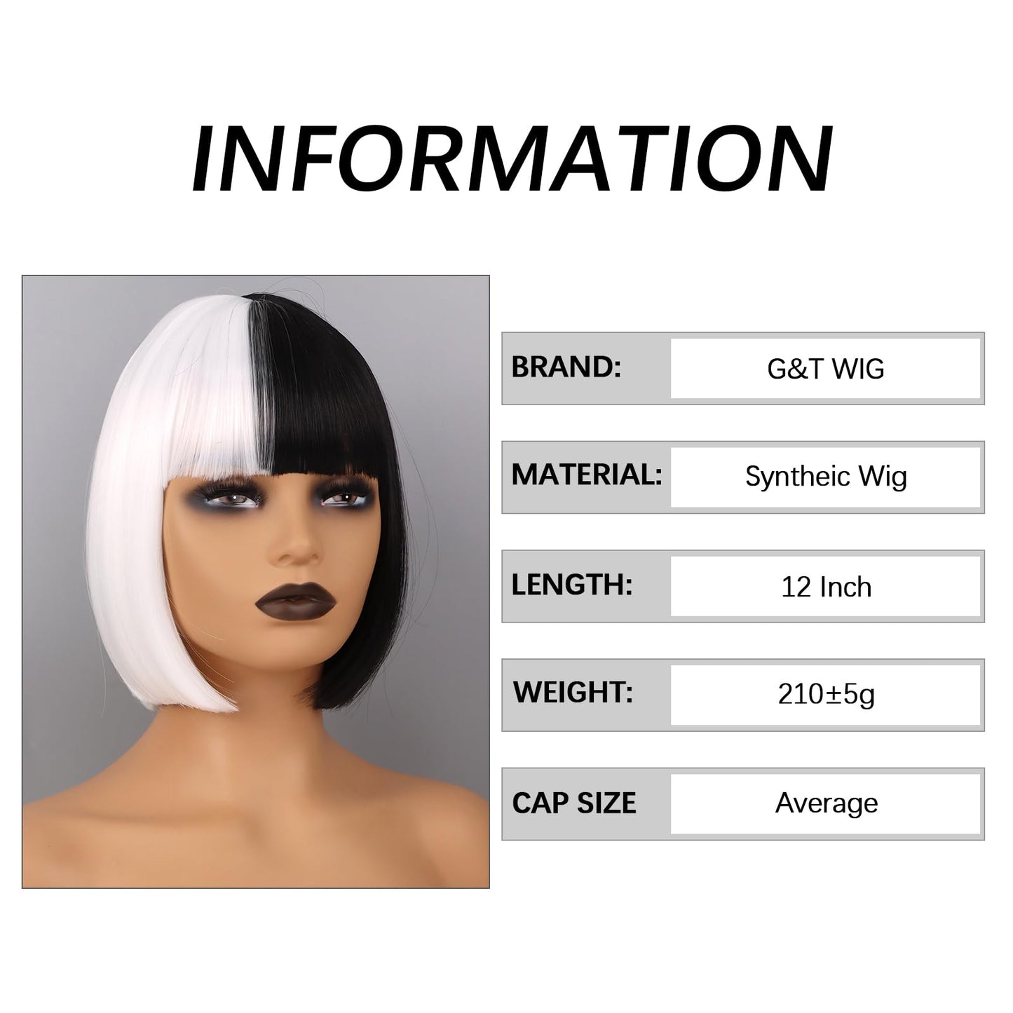 G&T Wig Black and White Bob Wigs for Women Costume Half Black and Half White Wigs for Halloween Cosplay Party Use