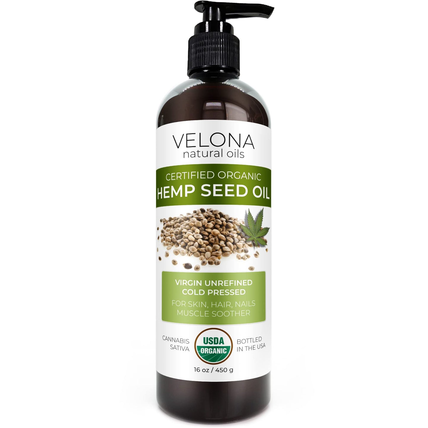 velona Hemp Seed Oil USDA Certified Organic - 16 fl oz | 100% Pure and Natural Carrier Oil | Unrefined, Cold Pressed | Hair, Body, Face & Skin Care | Use Today - Enjoy Results