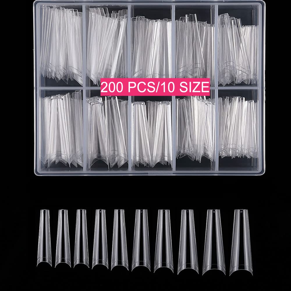 No C Curve Coffin Nail Tips, SWETIDY 200PCS Clear XXL Long Flattened False Nail Tips for Acrylic Nails Professional Half Cover with Case 10 Sizes