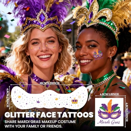 Mardi Gras Glitter Temporary Tattoos - 40 Piece Face & Body Stickers