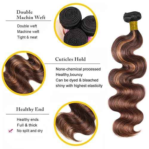 34 34 34 Inch Ombre Human Hair Bundles Body Wave Bundles Human Hair Highlight Bundles Brazilian Brown Highlight Bundles Hair Weave Silky Soft Remy Hair Extensions