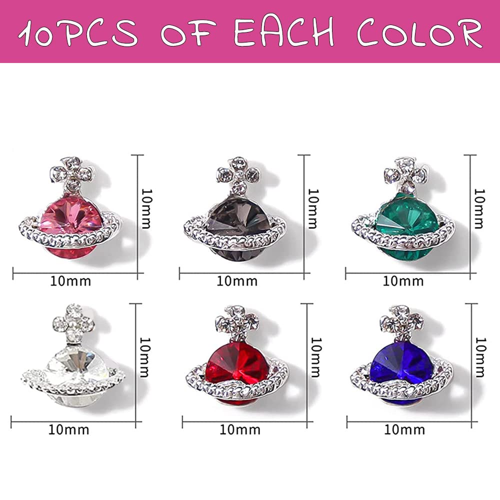 60Pcs Planet Nail Charms, 3D Nail Charms Y2K Silver Alloy Nail Rhinestones for Acrylic Nails Saturn Shape Crystals Nail Gems, Luxury Diamonds Nail Jewels for Nail Art DIY Nail Designs (6 Colors)