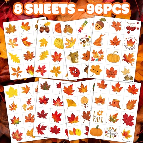 96 Fall Temporary Tattoos for Kids - Autumn Leaves & Pumpkins