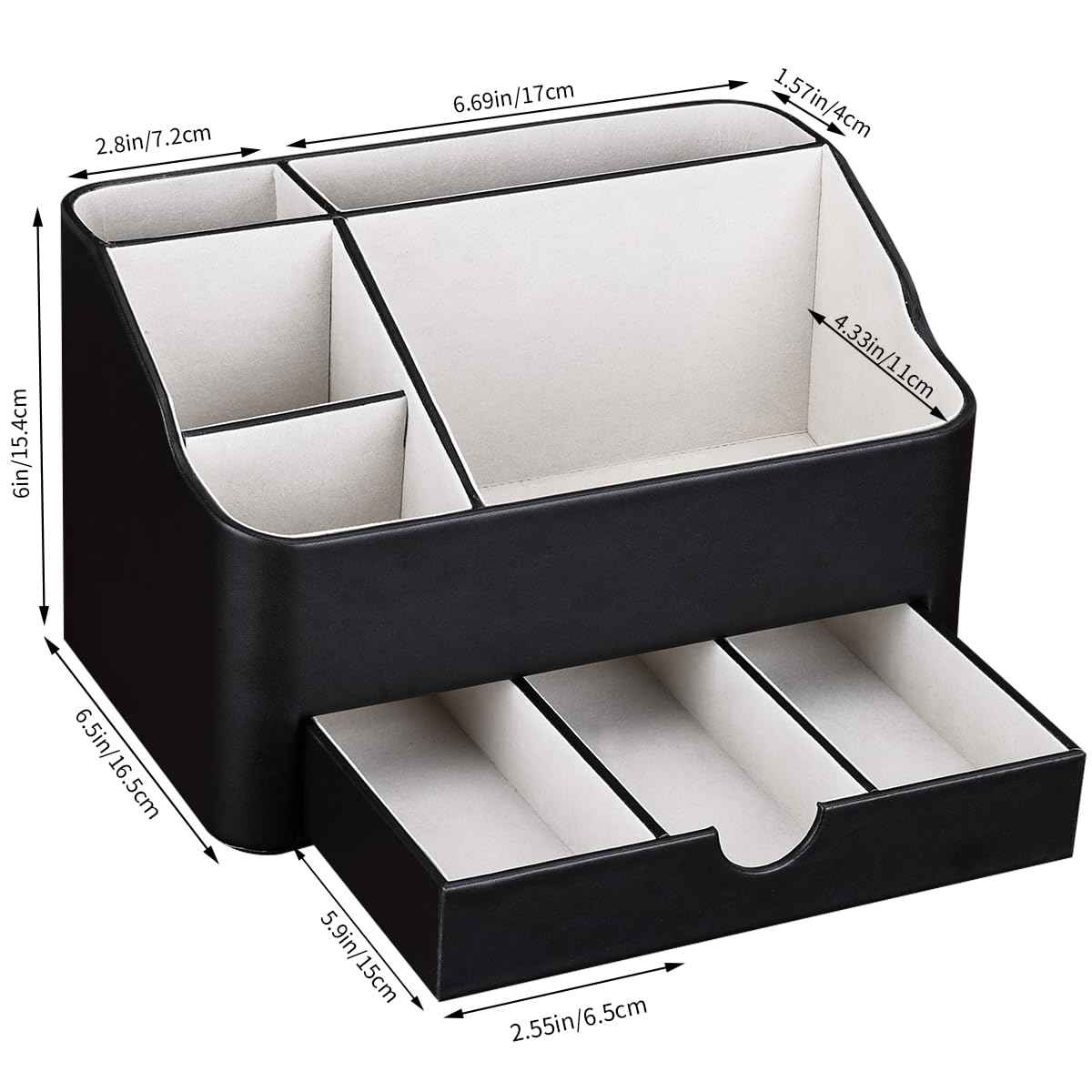 KINGFOM Leather Makeup Organizer with Drawer, Cosmetic Storage for Dresser Countertop and Bathroom Vanity, Beauty Holder for Lipstick Brush Skincare (Black)