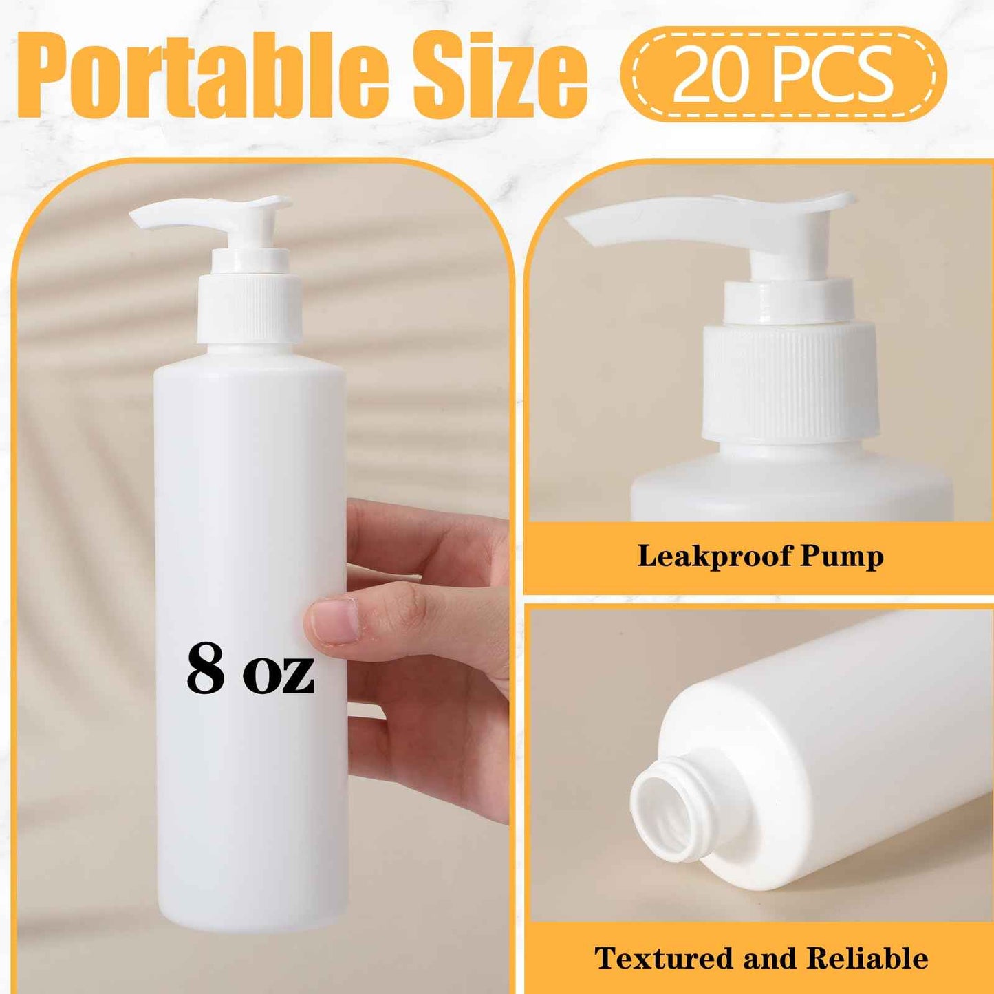 Thyle 20 Pcs Plastic Pump Dispenser Bottle 8 oz Refillable Plastic Bottles Bulk Lotion Container Travel Lock Empty container for Shampoo Massage Oil Dispensing(White Bottle, White Head)