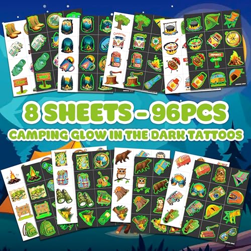 96 Glow in Dark Camping Temporary Tattoos for Kids