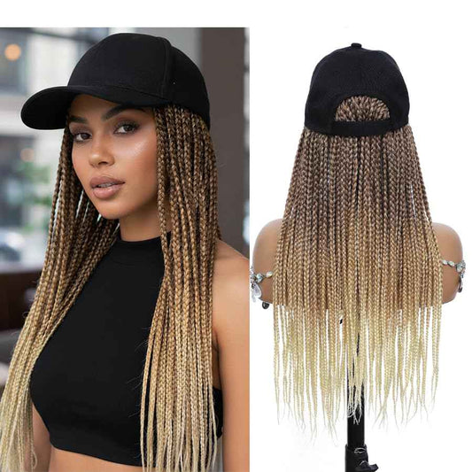 Hat Wig for Women Baseball Cap with blonde Braided Hair Attached Synthetic Box Braid Wig Hat Adjustable Black Cap with 18inch long ombre brown bonde light blonde Braids for Daily Outdoor Halloween Use