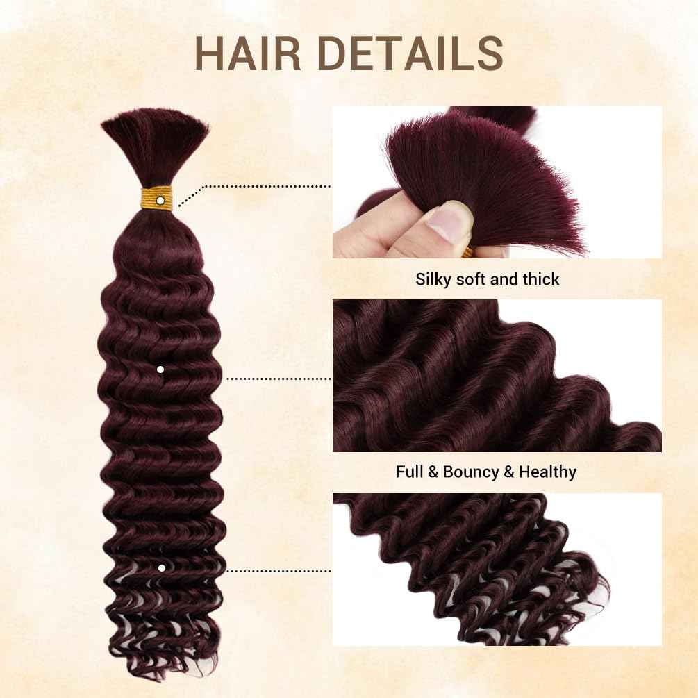 Human Braiding Hair for Boho Knotless Braids 1 Bundle 18 Inches 50g Deep Wave Bulk Human Hair for Braiding Hair Wet and Wavy 10A Brazilian Virgin Human Bohemian Hair for Braiding 99J