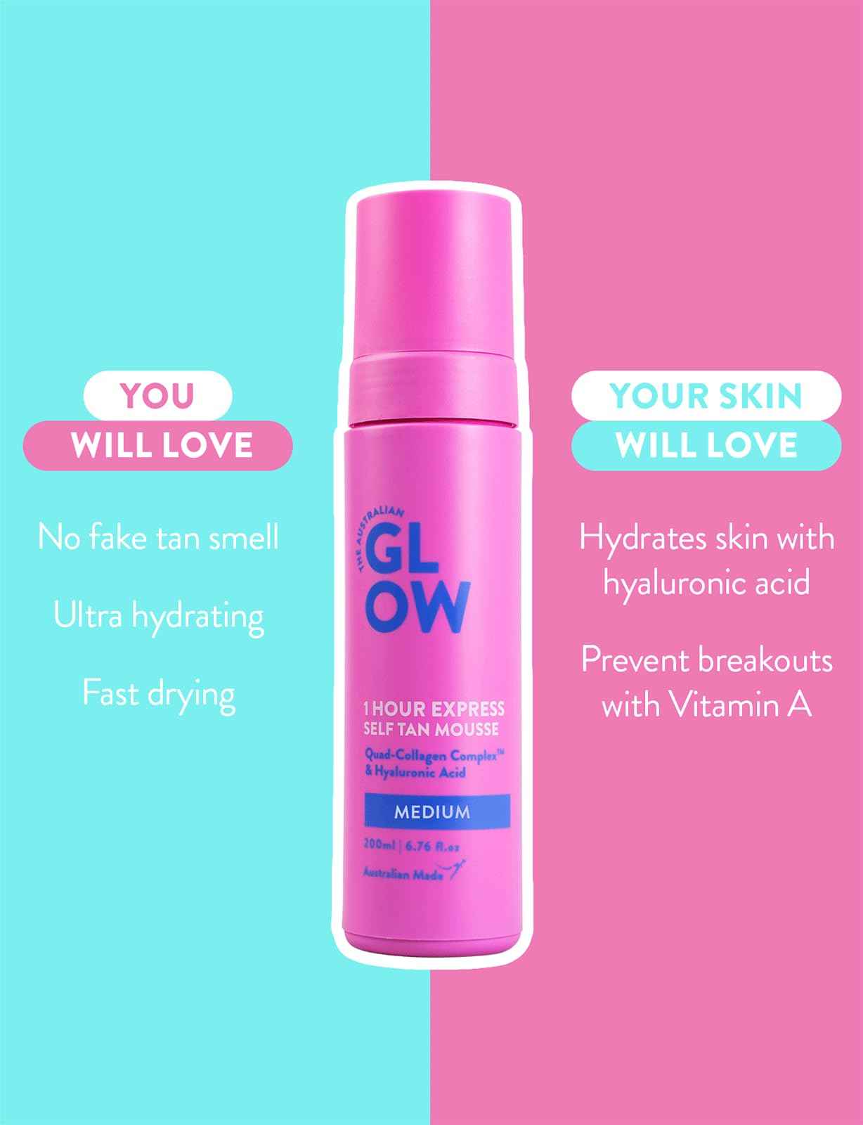 Australian Glow 1 Hour Express Self Tanning Mousse w/Quad-Collagen Complex & Hyaluronic Acid, MEDIUM - 6.76 fl. oz / 200ml