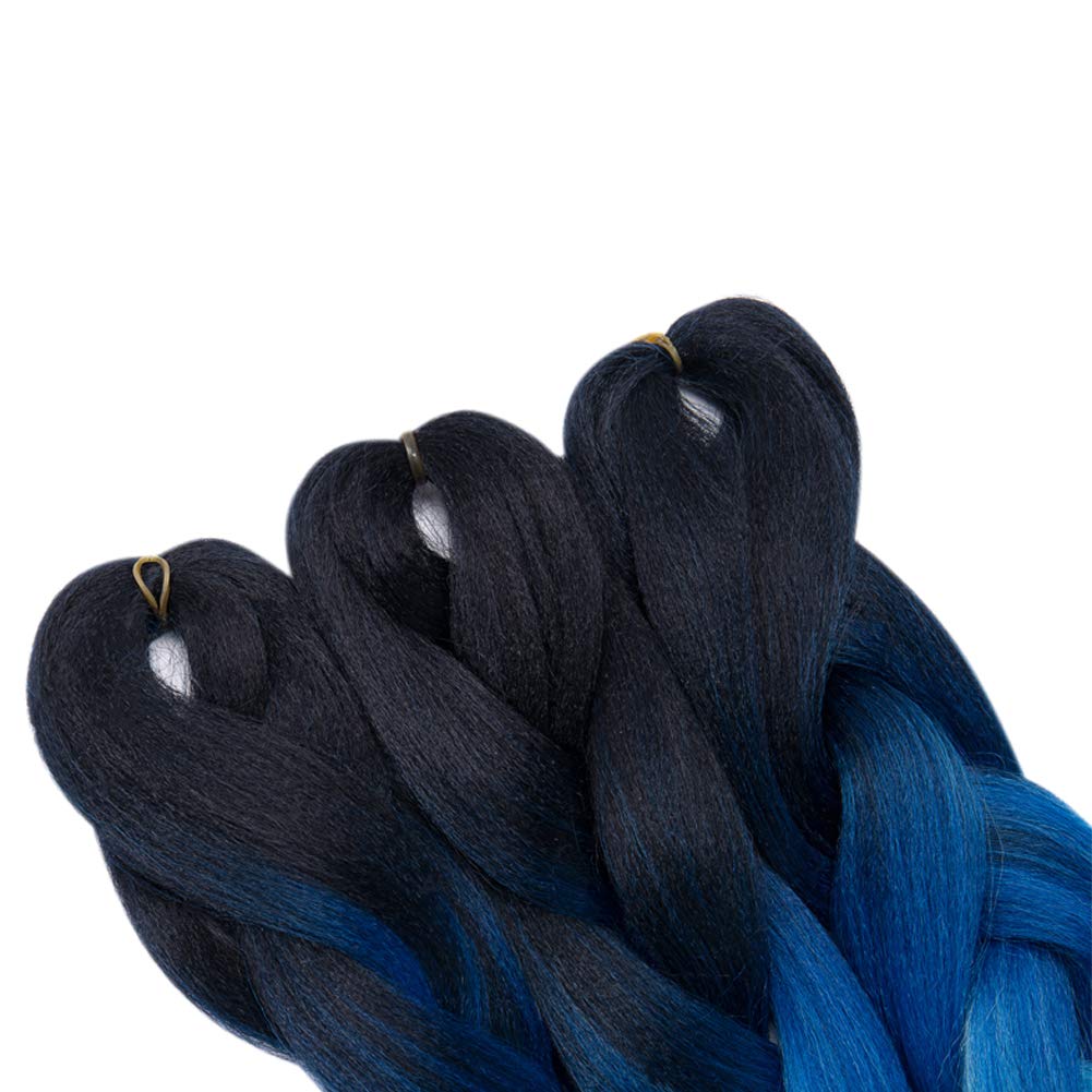 Benehair Ombre Braiding Hair 1 Bundle 24inch Jumbo Braiding Hair Extensions High Temperature Synthetic Braid Hair Braiding Hair Pre Stretched Braid Extensions (Black+Dark Blue+Light Blue)