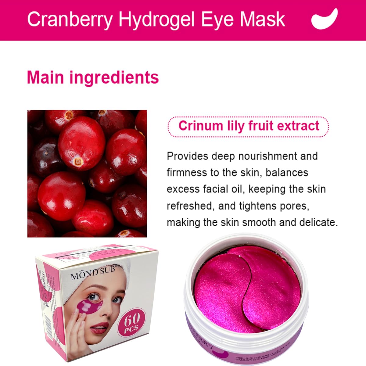 AKARY Cranberry Under Eye Patches Skin Treatment Mask, 30 Pairs/60 Pcs, Reduces Dark Circles, Puffiness, Wrinkles - Hydrating Eye Mask with Glycerin, Hyaluronic Acid, Collagen