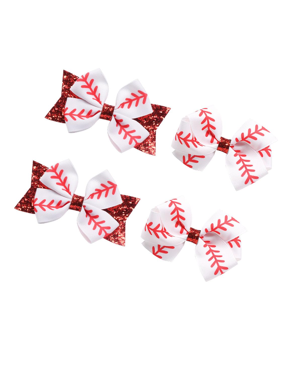 Girls Baseball-Themed Hair Clips, Barrettes and Bows Set (B4-Set 4 Pcs)