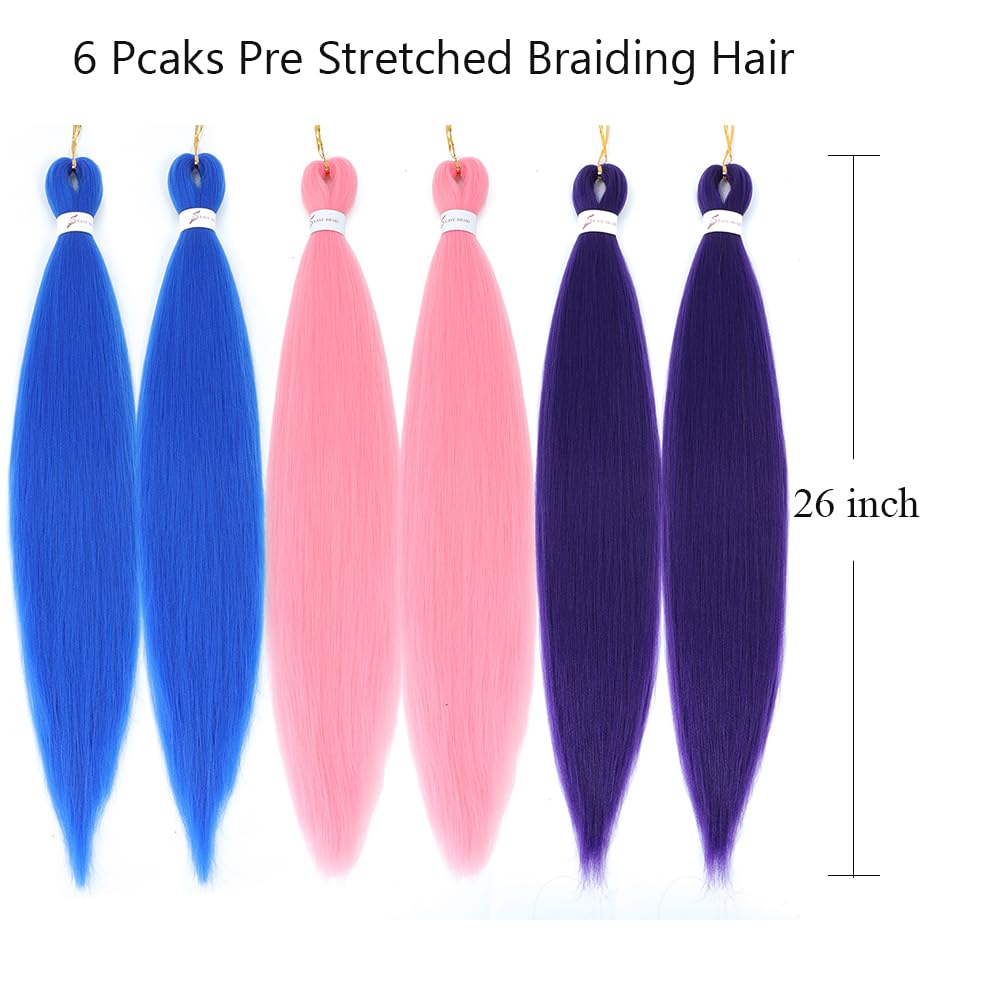 Colored Ombre Braiding Hair Pre Stretched 6 Packs - 26 Inch Braiding Hair Professional Synthetic Prestretched Crochet Braids Hair Extension Itch Free Hot Water Setting Yaki Texture(Blue/Purple/Pink#)