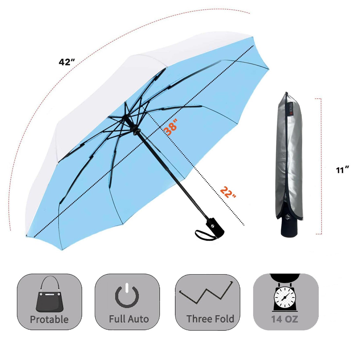 SIEPASA Silver/Blue Compact Travel Umbrella with 50+ UPF UV Protection, Windproof with 8 Fiberglass Ribs, Auto Open & Close Button.