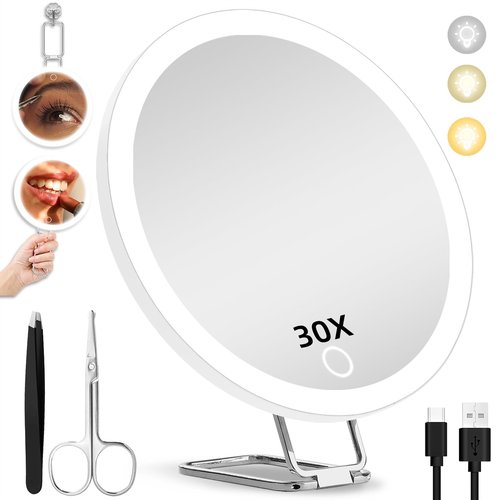 30X Magnifying Mirror with Light, Large 6'' Magnifying Makeup Mirror with Light 30X, Travel Mirror with 30X High Magnification Compact 30X Magnified Mirror with Light, 3 Suction Cup & Adjustable Stand