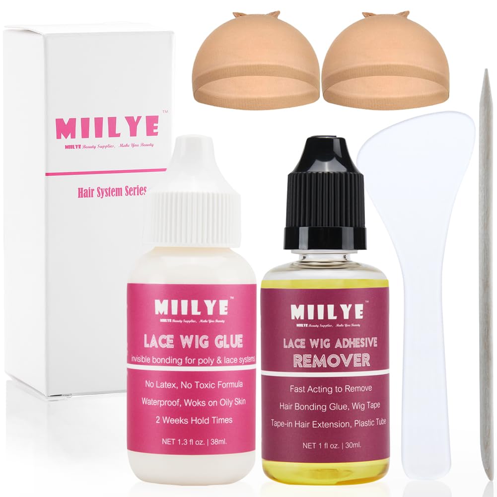 Wig Adhesive and Glue Remover Set, Invisible Waterproof MIILYE Hair Replacement Bonding Glue + Solvent, Strong Hold for Lace Front Wig and Poly Hairpieces, Toupee, Cosmetic Hair Systems