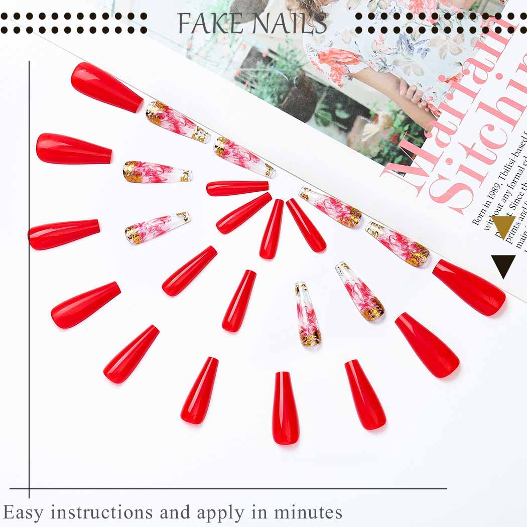 Outyua Smoke Pattern Fake Nails Coffin Glossy Red Extra Long Press on Nails with Designs Ballerina Acrylic False Nails Designer Full Cover Cute Nails for Women and Girls 24Pcs (Ruddy)