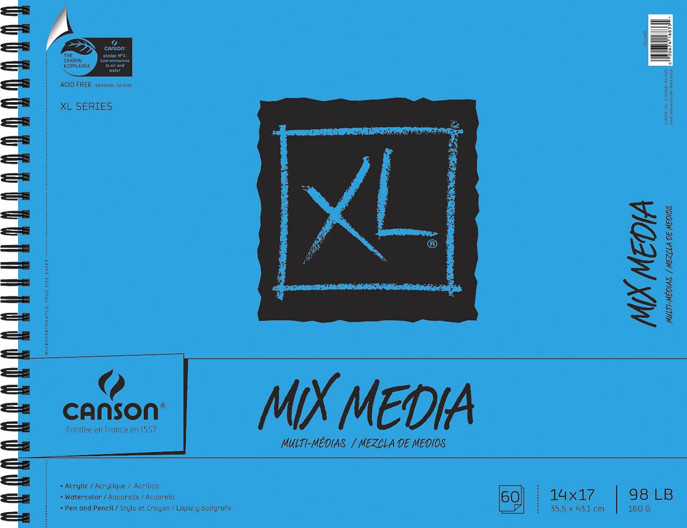 Canson XL Series Mixed Media Pad, Side Wire, 14x17 inches, 60 Sheets – Heavyweight Art Paper for Watercolor, Gouache, Marker, Painting, Drawing, Sketching