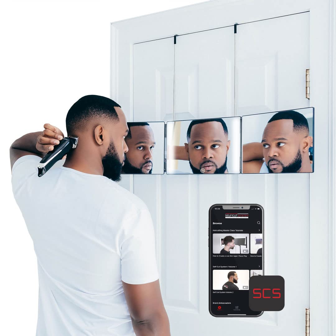 Self-Cut System - 3 Way Mirror for Self Hair Cutting with LED Lights - Barber Mirror - Trifold Mirror - Three Way Mirror - 360 Mirror for Self Haircuts