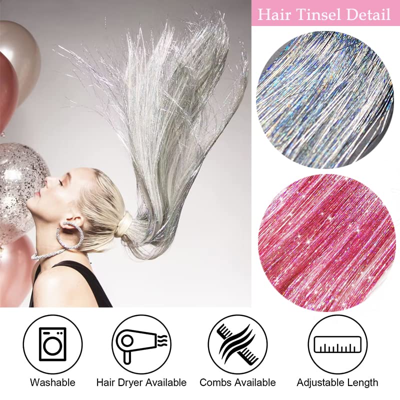 Pink Silver Hair Tinsel Kit: 48 Inches 3000 Sparkling Strands Glitter Tinsel Hair Extensions with Tools - Fairy Heat Resistant Hair Tinsel Accessories for Women Girls Kids