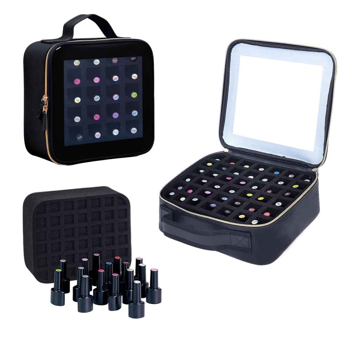 YAHOURWAT Small Clear Nail Polish Organizer Storage Box Hold 42 Bottles (15 ml/0.51 floz) PU Leather Portable Cosmetic Bag with Removable Partition (Black)