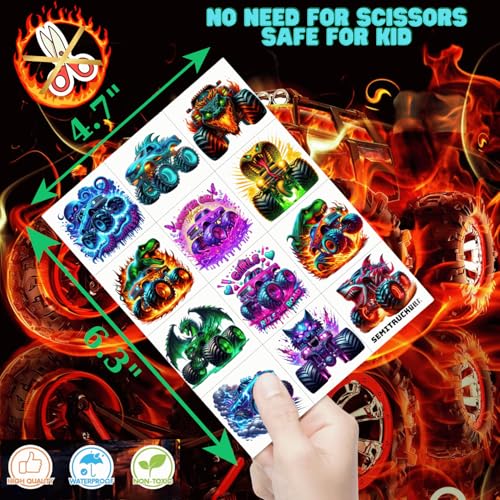 108 PCS Glow in the Dark Monster Truck Temporary Tattoos ? Waterproof Pre-Cut Body Art Stickers with Monster Trucks, Big Rigs & Off-Road Icons | Easy Application