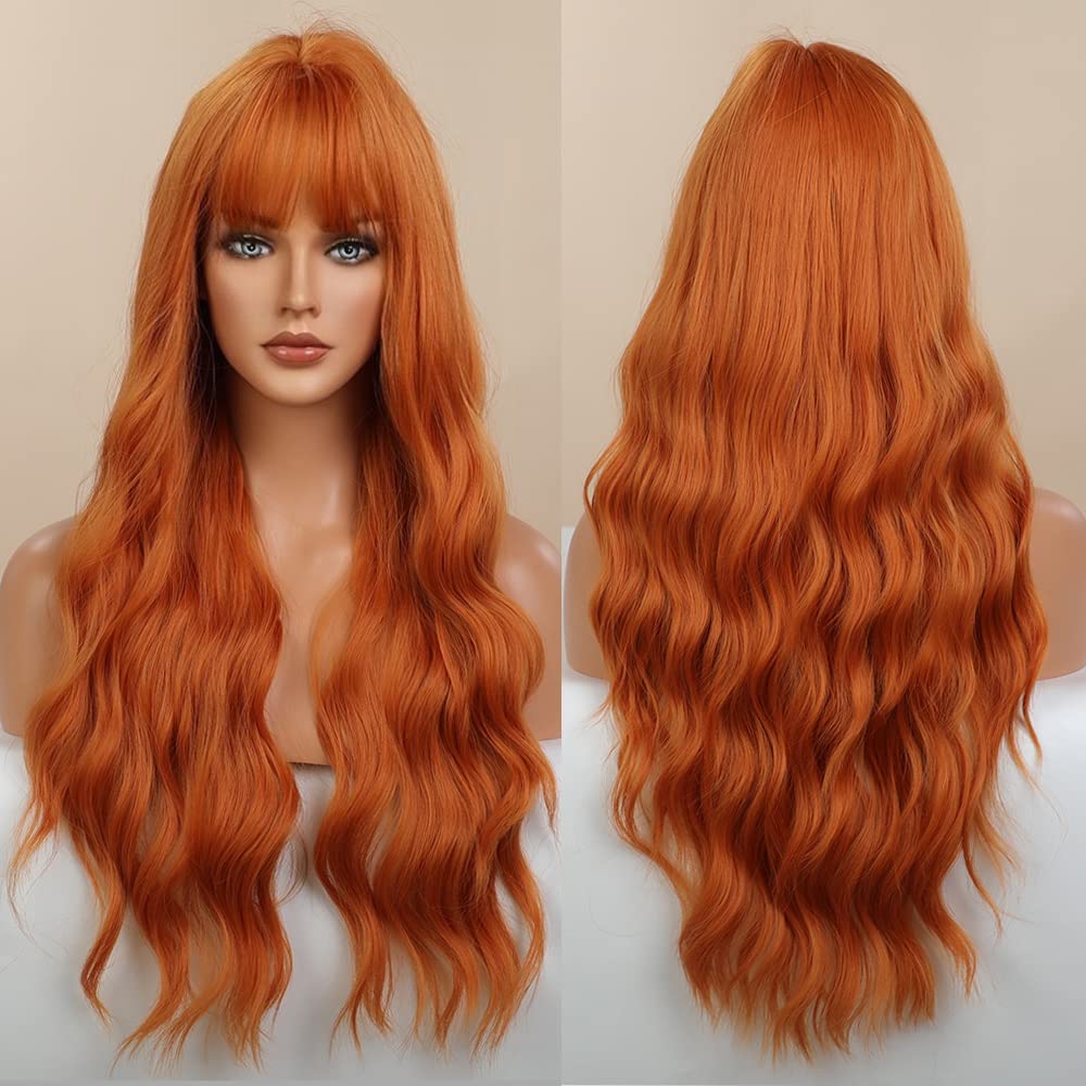 LANOVA Orange Wigs with Bangs, Halloween Wigs for Women, Long Curly Cosplay Wig, Synthetic Wig Orange Hair Wig 24 inch LANOVA-157