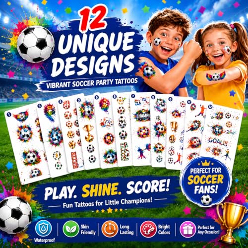 Soccer Party Tattoos - 12 Sheets Water Transfer Face Body Decals