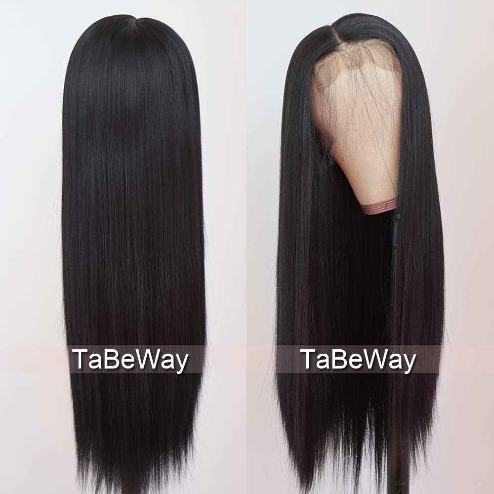 TaBeWay Black Straight Synthetic Lace Front Wig with Adjustable Straps, 24 Inches, Heat Resistant up to 160 Degrees Centigrade
