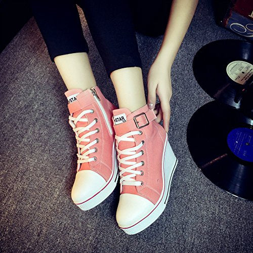 Women's Sneaker Shoes High Heel Fashionable Canvas Shoes High Tube Lace Up Wedge Edge Zipper Slope Angle Shoes Size 4-11