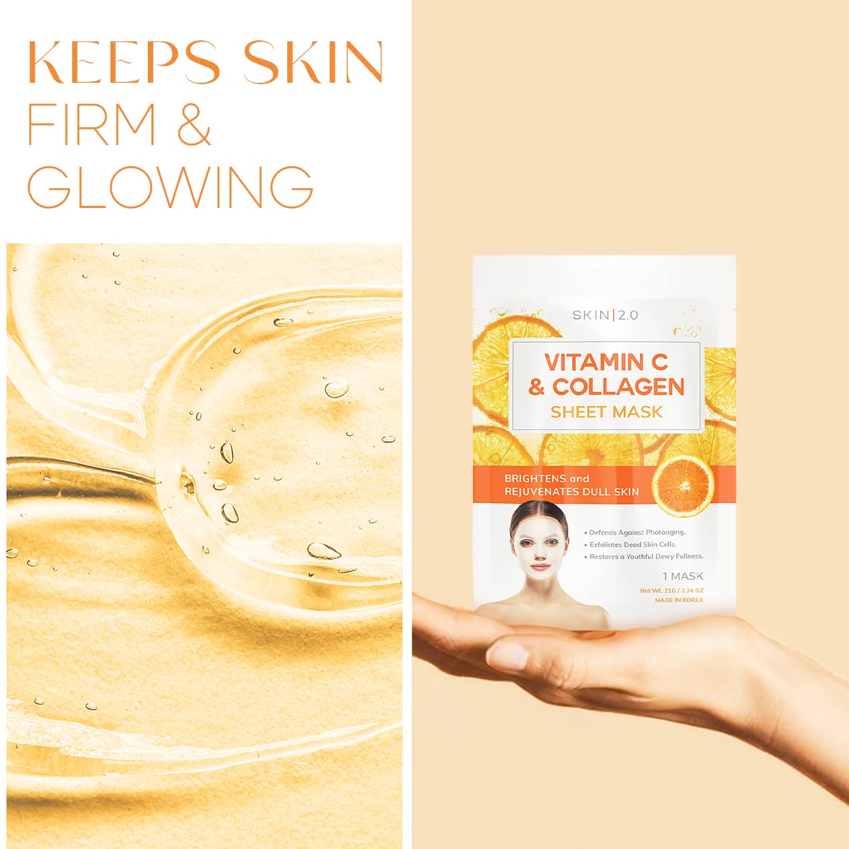 Skin 2.0 Vitamin C and Collagen Sheet Face Mask - Reduce Wrinkles & Age Spots, Moisturize, Hydrating Sheet Mask - Korean Skin Care - All Skin Types - 5 Masks