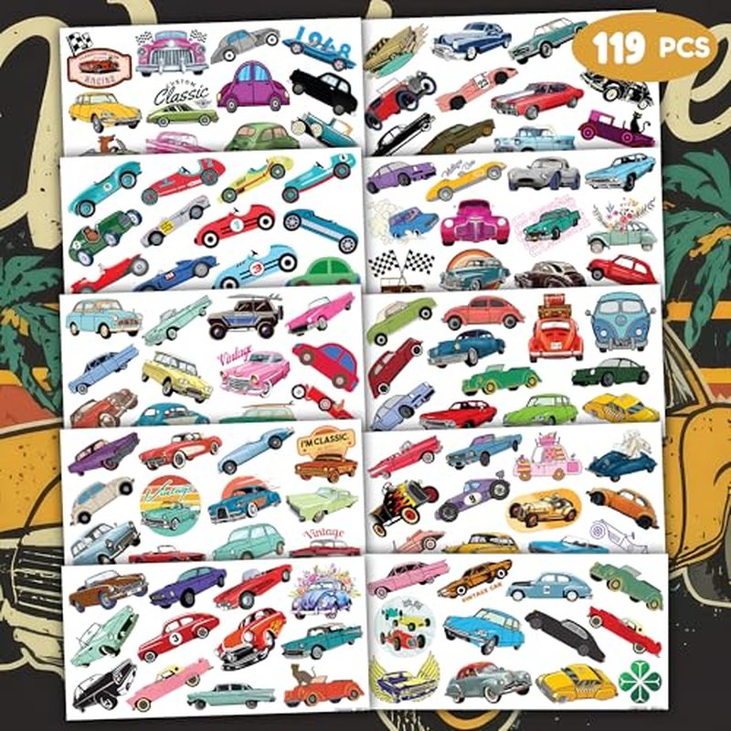 119 PCS Classic Vintage Race Car Temporary Tattoos Sticker Race Car Themed Birthday Party Decorations Supplies Favors Gifts Boys Girls Men Women Retro Cute Fake Tattoo School Prizes Carnival