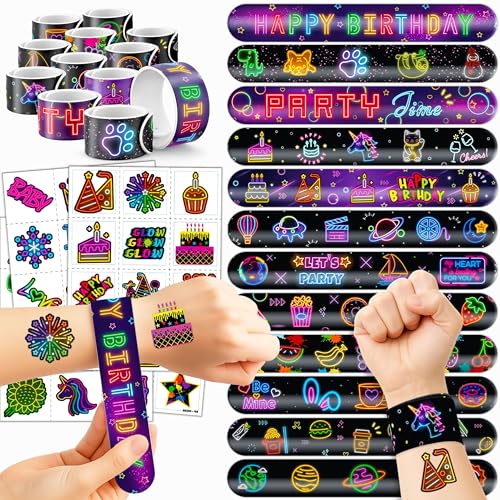 Cherisnowy 72 PCS Neon Party Favors Set - 48 Tattoos & 24 Slap Bracelets