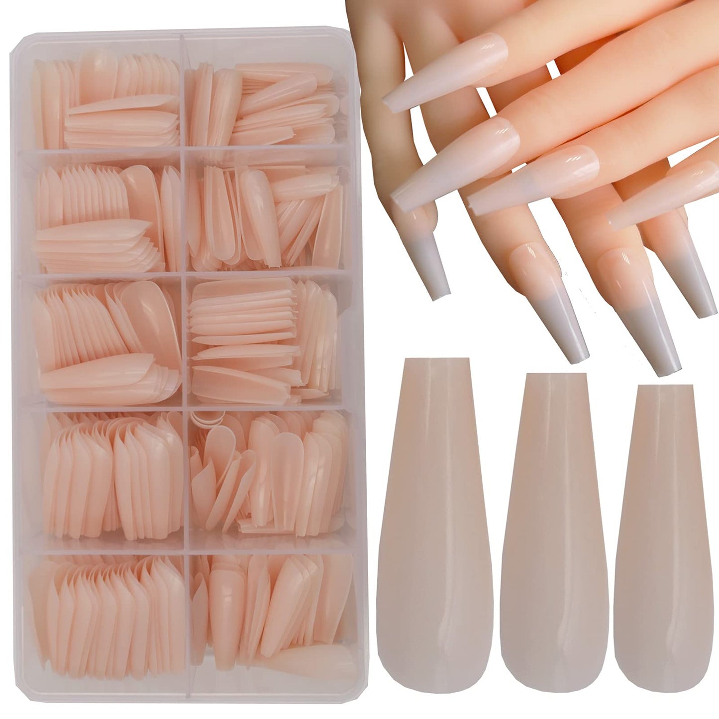 LuckForever 500pc Nude Pink Coffin False Nails Press on Full Cover Ballerina Fake Acrylic Nail Tips Manicure Fingernails Design Decor with Case for Women Girls Home Salon DIY (Point Nude)