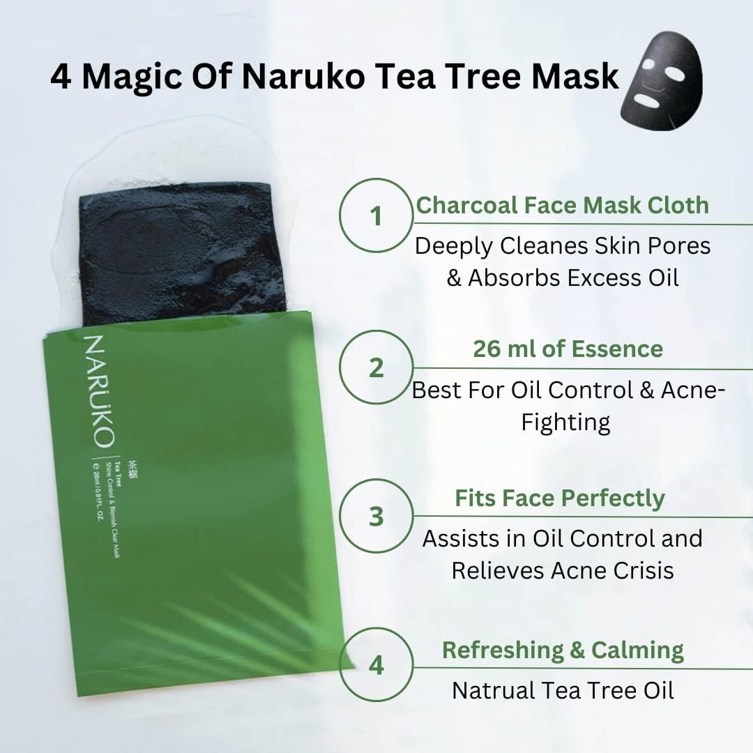 Naruko Tea Tree Shine Control and Blemishe Clear Charcoal Sheet Mask with Salicylic Acid, Witch Hazel, Saw palmetto, Tea Tree oil, Hyaluronic Acid for Acne prone skin, soothing, deep pore cleaning