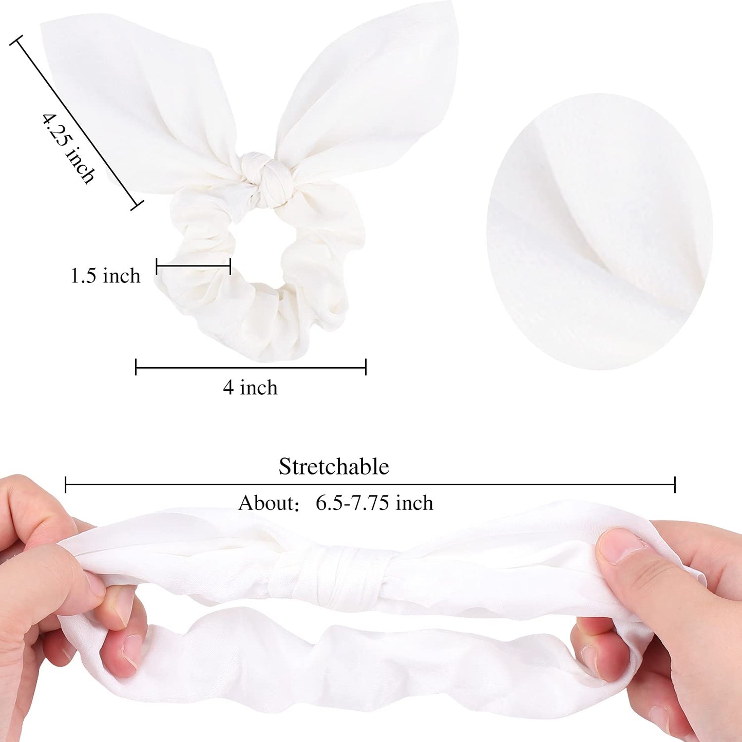 Jaciya White Silk Hair Ties Scrunchies for Hair Girls, Bunny Ears and Tail Design, 6 Count