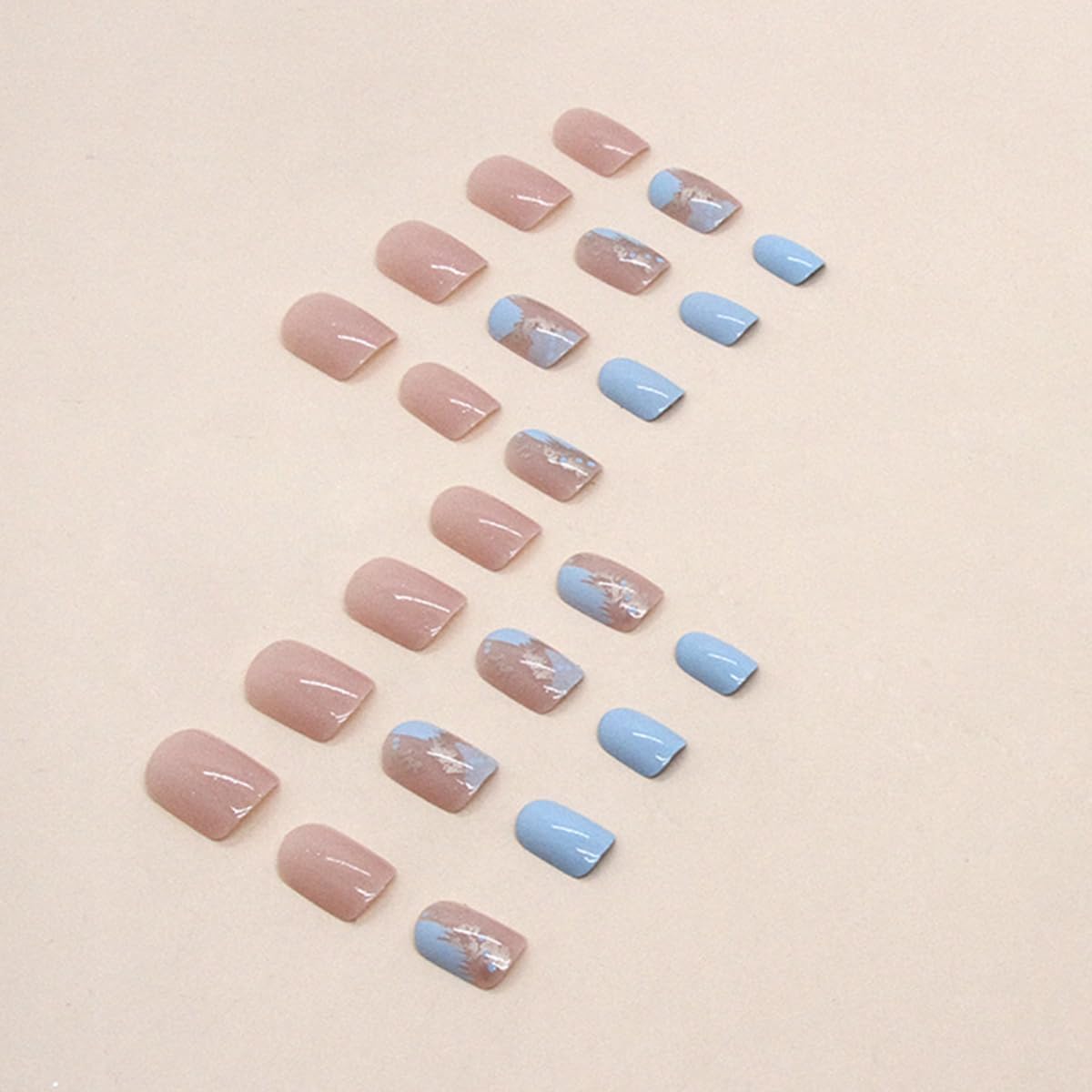 24Pcs Nude Blue Press on Nails Short Square Fake Nails with Glitter Gold Foil False Nails Glossy Acrylic Nails Artificial Short Glue on Nails for Women Girls DIY French Stick on Nails Decorations