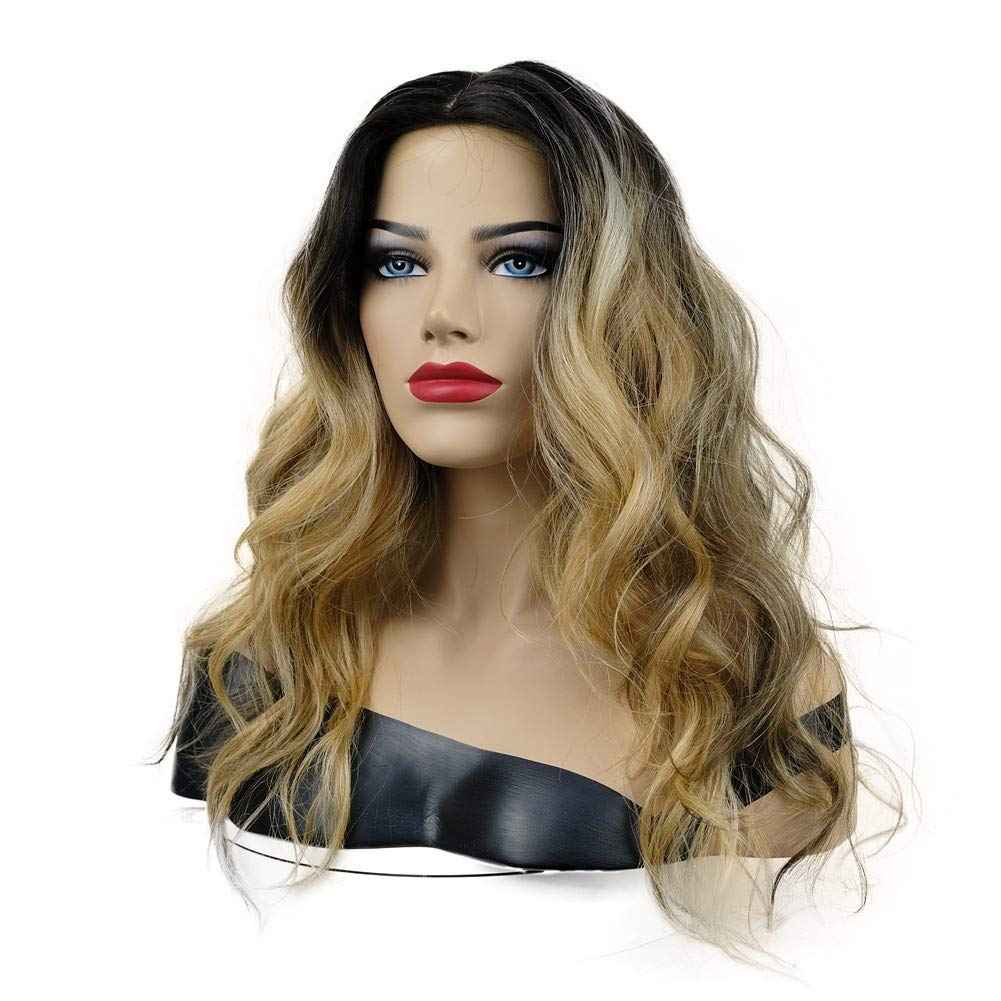 onemily Long Curly Wavy Synthetic Wigs for Women Girls Golden Brown with Dark Roots