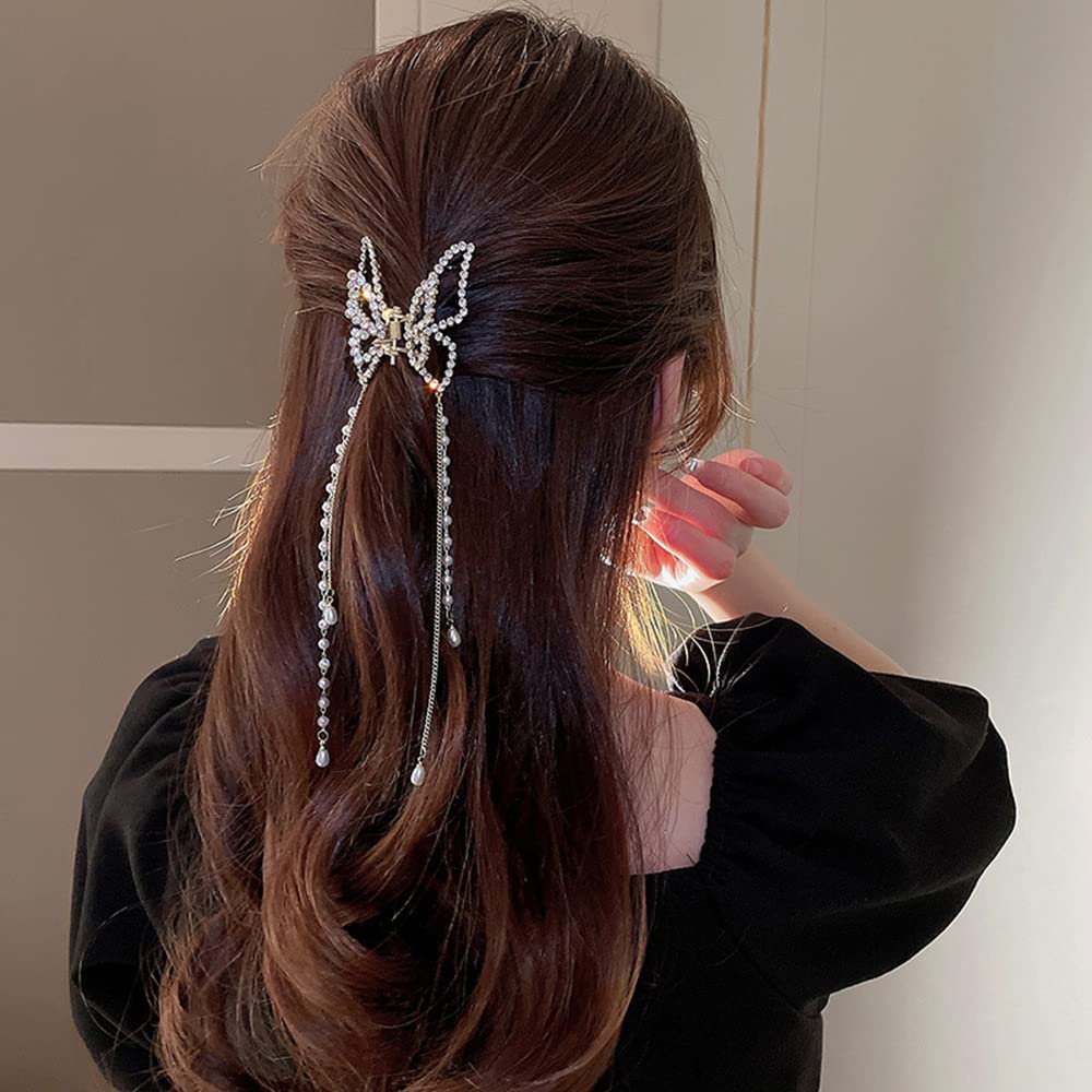 Jumwrit Gold Butterfly Hair Claw Clip Strong Hold Metal Hair Clip Pearl Chain Tassel Hair Claw Rhinestone Hair Clamp Fashion Hair Clip for Women Girls