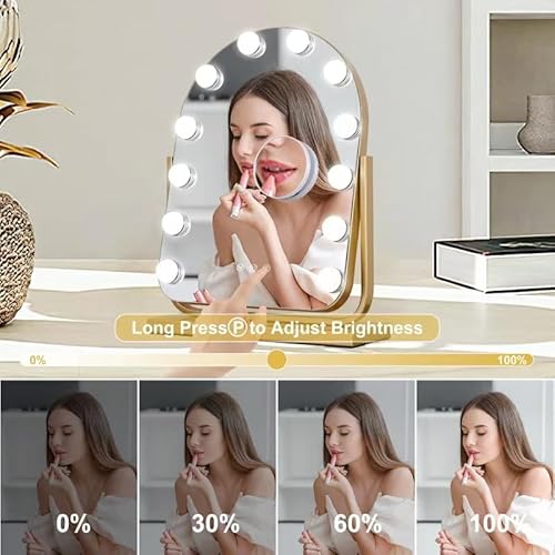Vanity Mirror with Lights,17.3"¡¿13" Lighted Makeup Mirror with 12 Dimmable LED Bulbs,10X Magnification Smart Touch Control Hollywood Mirror with Lights,3 Colors Dimmable,360¡Æ Rotation (Gold)