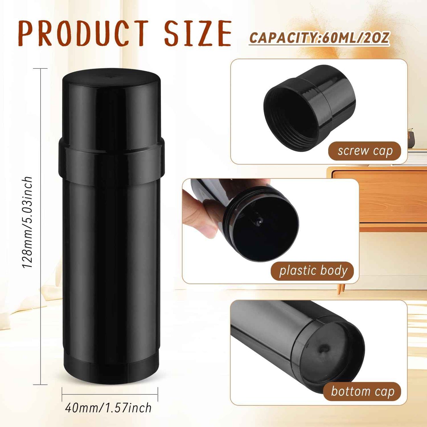 Wresty 10 Pcs 60ml/2oz Deodorant Containers Twist Up Empty Tubes Plastic Refillable Bottles DIY Homemade Deodorant Container Stick (Black)