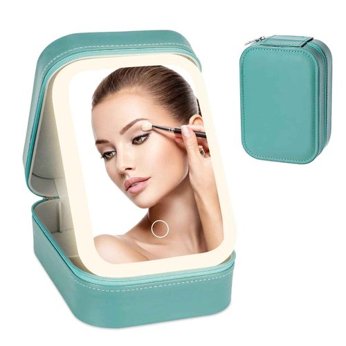 Dannir Travel Makeup Case with LED Mirror, Makeup Bag with Lighted Mirror, Cosmetic Storage Box, Christmas Portable Organizer Vanity Case for Women, Beauty Tool Accessories Rechargeable, Green