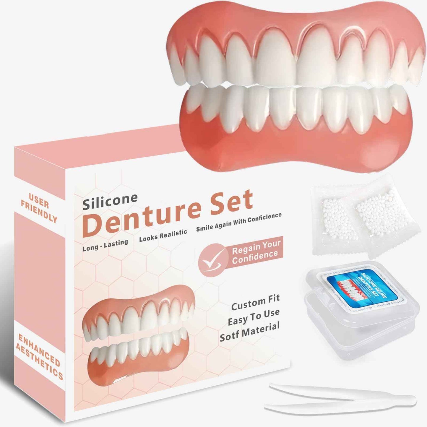 Dentures for Women and Men, Silicone Dentures Upper and Lower, Fix Your Smile at Home Within Minutes, Natural Shade False Teeth & Veneers