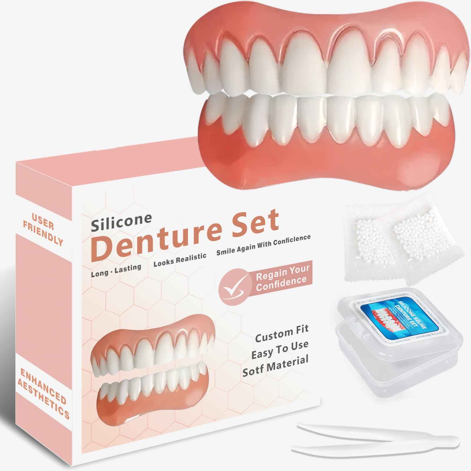 Dentures for Women and Men, Silicone Dentures Upper and Lower, Fix Your Smile at Home Within Minutes, Natural Shade False Teeth & Veneers