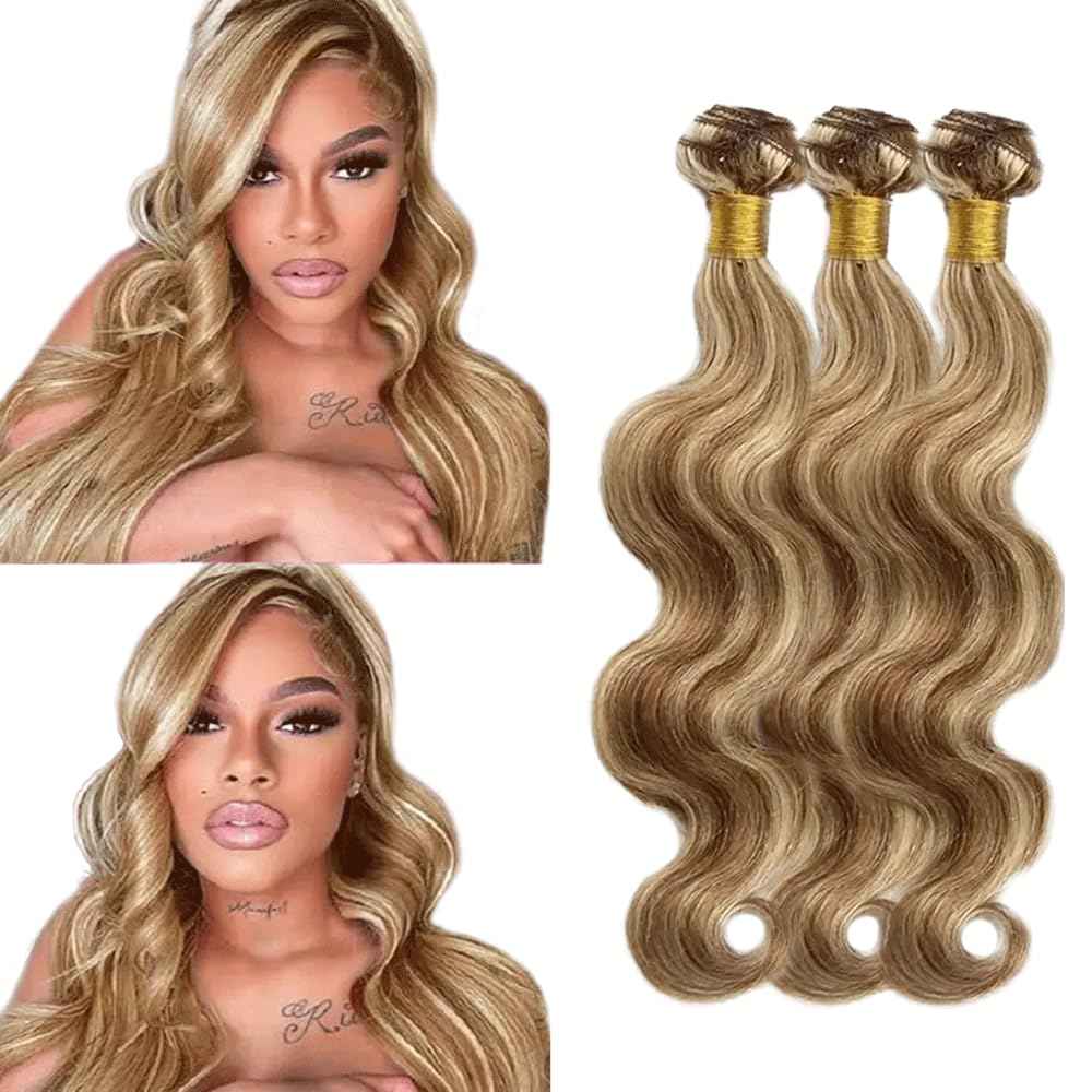 P4613 Bundle Highlight Body Wave Human Hair Bundles 613 Ombre 3 Bundles 20 20 20 Inch Two Tone Chocolate Brown Mixed With Blonde Body Wave Bundle Hair Weave