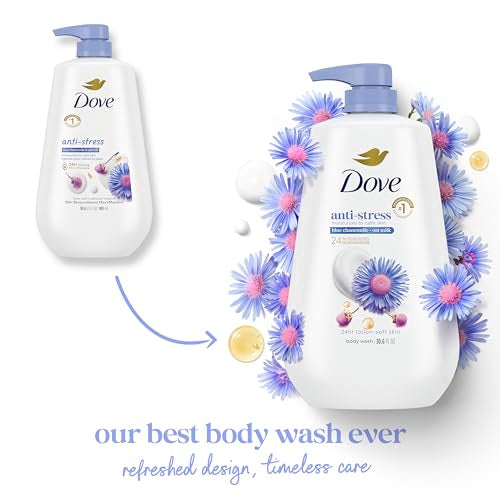 Dove Body Wash with Pump Anti-Stress Blue Chamomile & Oat Milk, for 24hr Lotion-Soft Skin Moisturizing Skin Cleanser with No Sulfates No Parabens 30.6 oz