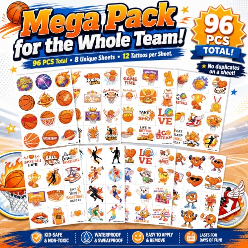 96 Basketball Temporary Tattoos for Kids – Pre-Cut Party Favors