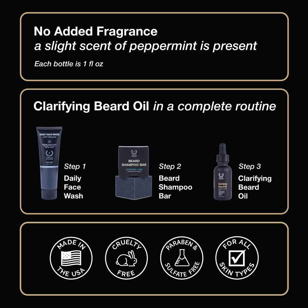 ZEUS Clarifying Beard Oil for Men, Hydrating Facial Hair Oil with Tea Tree for Sensitive Skin, Revitalizes, Treats Blemishes, Promotes Healthy Beard Growth (Made in USA) 1 fl. oz.
